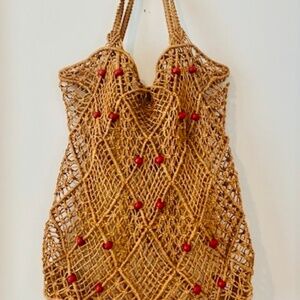 Vintage MACRAME NET BAG with Red Wooden Beads